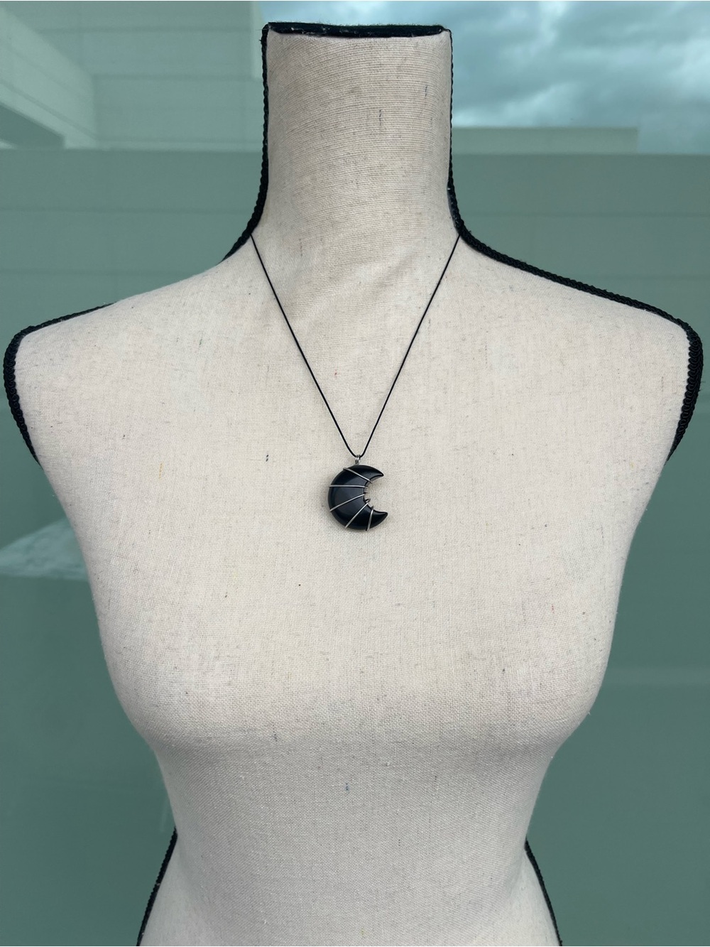 Black Onyx Moon Necklace on Black Nylon Cord Stainless Steel Silver Wire Wrap - Picture 3 of 5